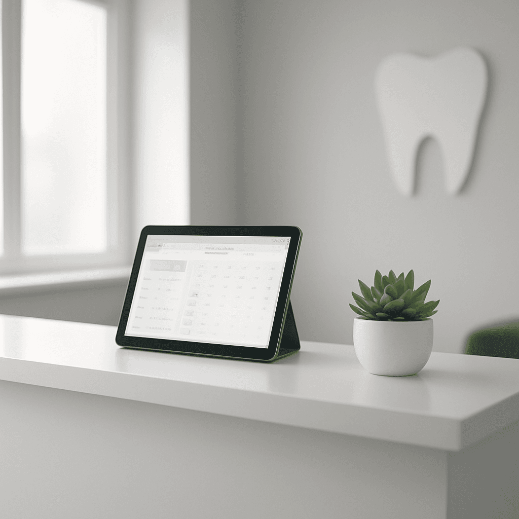 A modern dental clinic reception desk with appointment booking software