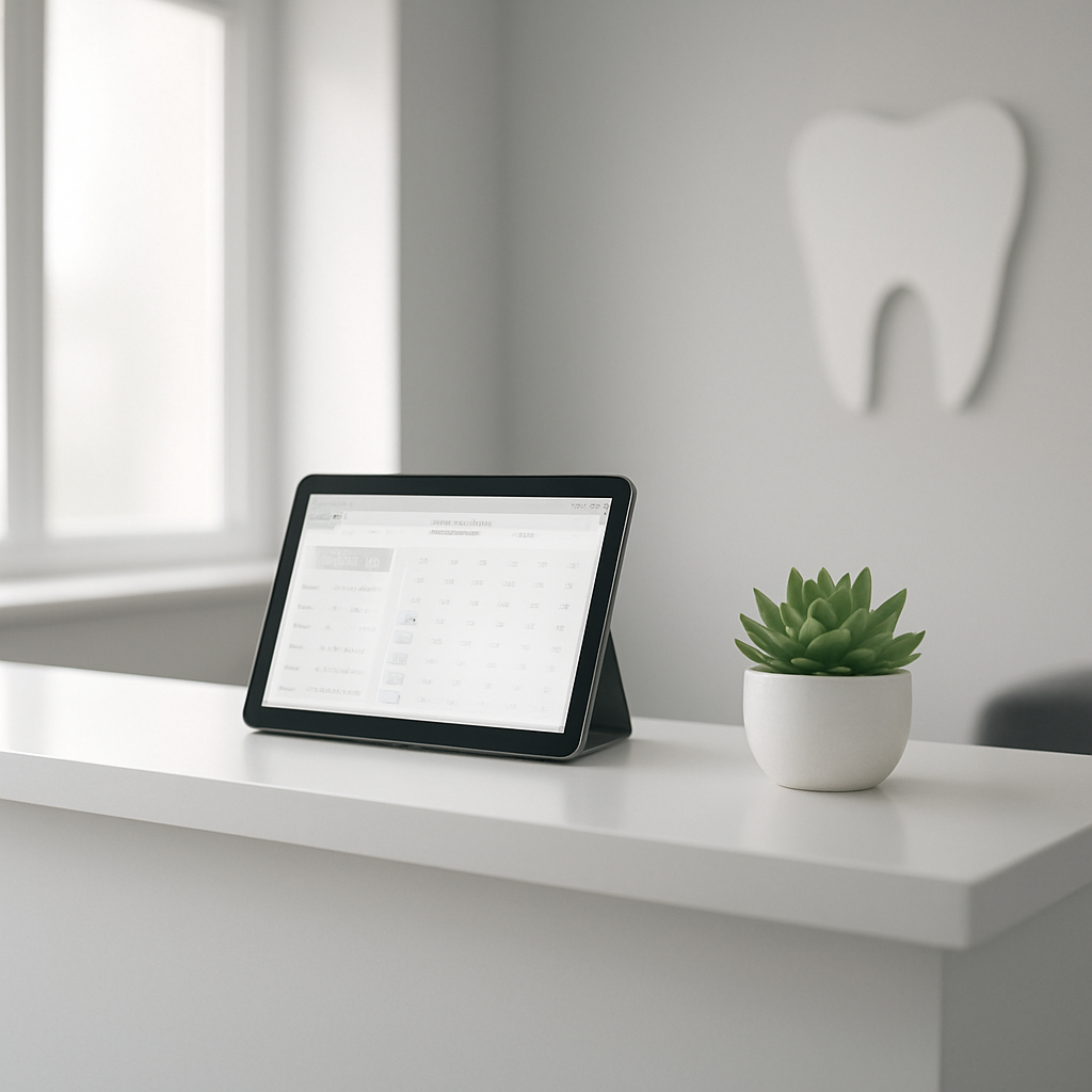A modern dental clinic reception desk with appointment booking software