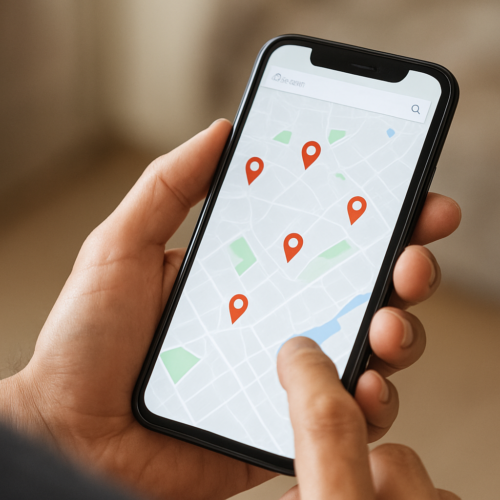 A map with location pins representing local search results for dentists