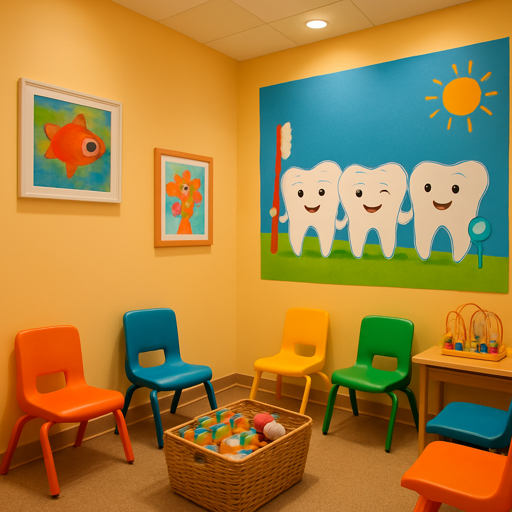 A child smiling happily in a welcoming pediatric dental office